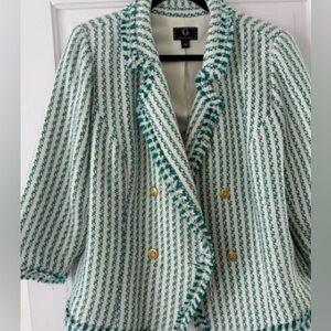 G by Giuliana Green & White Tweed Fringe Blazer